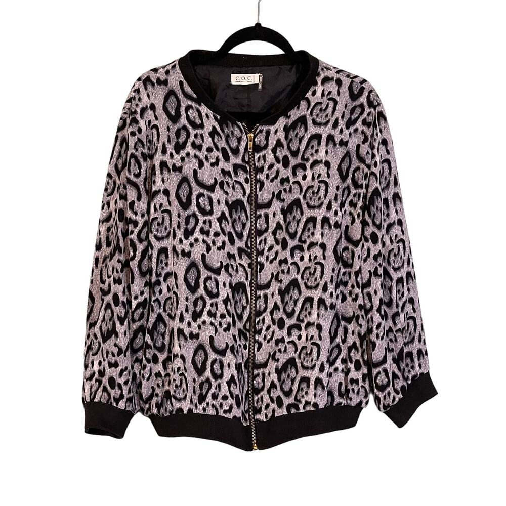 COC Bomber Jacket Womens 1XL Animal Leopard Print Full Zip Black Gray